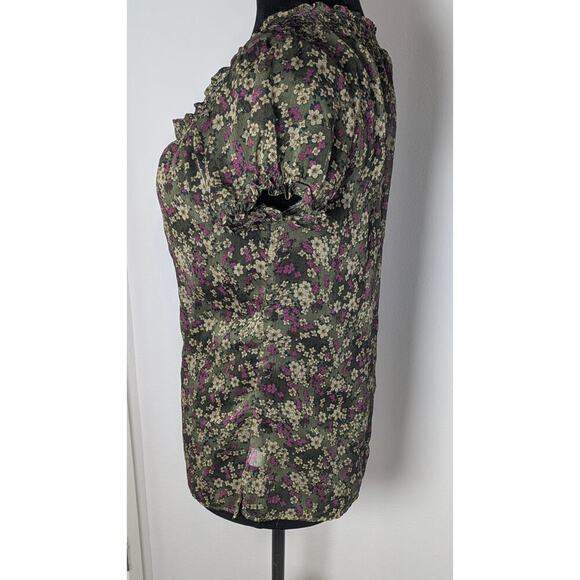 Converse women Floral Purple Brown short sleeve sheer trough Top blouse top sz L - Picture 3 of 10